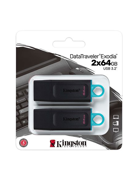 PEN DRIVE 64GB USB 3.2 GEN 1 (CONFEZIONE DA 2 PEZZI) CAPPUCCIO DI PROTEZIONE E ASOLA DI AGGANCIO COLORE NERO KINGSTON DTX/64GB-2