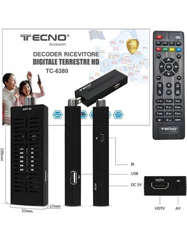 MINI DECODER RICEVITORE DIGITALE TERRESTRE HD 1080p DVB-T2 H.265 HEVC 10bit CON TELECOMANDO 2in1 COLORE NERO TC-6380 TECNO