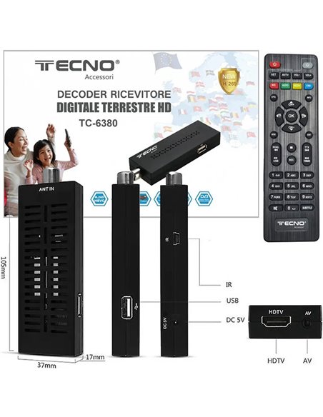 MINI DECODER RICEVITORE DIGITALE TERRESTRE HD 1080p DVB-T2 H.265 HEVC 10bit CON TELECOMANDO 2in1 COLORE NERO TC-6380 TECNO