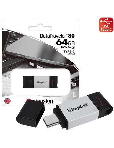 PEN DRIVE 64GB CON ATTACCO USB TYPE-C 3.2 GEN 1, CORPO IN METALLO E CAPPUCCIO DI PROTEZIONE USB KINGSTON DT80/64GB