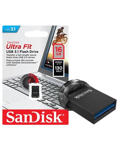 PEN DRIVE MINI 16 GB USB 3.1 CON VELOCITA' IN LETTURA FINO A 130MB/s E SECUREACCESS COLORE NERO SANDISK BLISTER