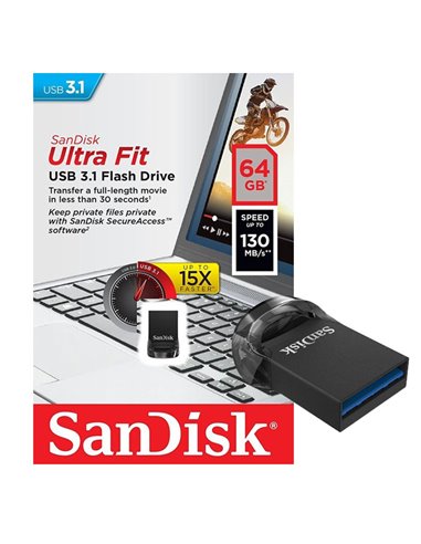 PEN DRIVE MINI ULTRA FIT 64 GB USB 3.1 CON VELOCITA' IN LETTURA FINO A 130MB/s E SECUREACCESS COLORE NERO SANDISK BLISTER