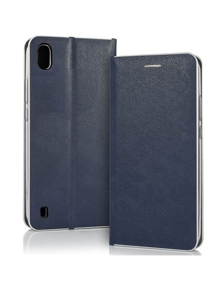 CUSTODIA per SAMSUNG GALAXY A10 (SM-A105) - FLIP ORIZZONTALE SIMILPELLE CHIUSURA MAGNETICA INVISIBILE BLU CON BORDO SILVER