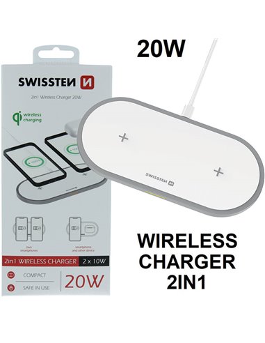 TRAVEL CASA WIRELESS 2IN1 20W (2 x 10W) COMPATIBILE CON TUTTI I DISPOSITIVI DOTATI DI TECNOLOGIA QI BIANCO SWISSTEN BLISTER