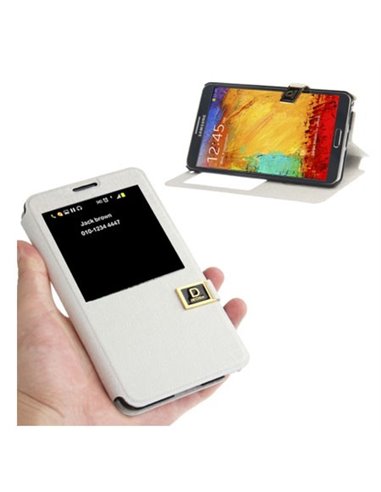 CUSTODIA FLIP ORIZZONTALE per SAMSUNG GALAXY NOTE 3, N9000 CON FINESTRA IDENTIFICATIVO CHIAMANTE BIANCO EFFETTO LINO