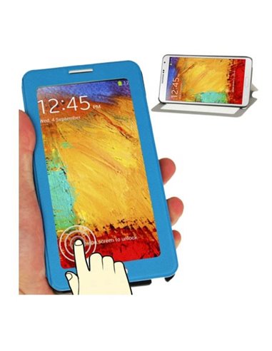 CUSTODIA FLIP ORIZZONTALE TOUCH SCREEN per SAMSUNG GALAXY NOTE 3, N9000 CON FINESTRA GRANDE E STAND COLORE BLU