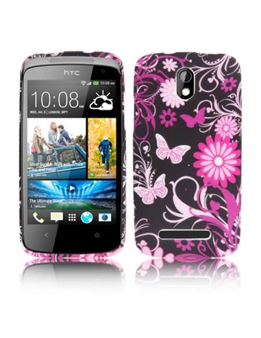 CUSTODIA GEL TPU SILICONE per HTC DESIRE 500 FANTASIA FIORI E FARFALLE ROSA SU SFONDO NERO