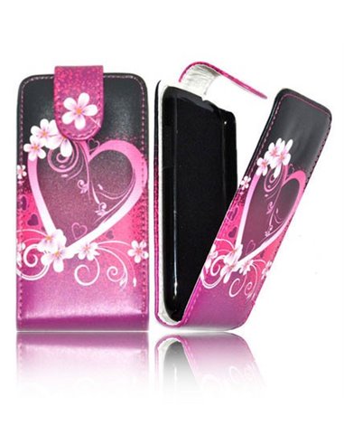 CUSTODIA FLIP VERTICALE PELLE per HTC DESIRE 300 FANTASIA CUORE VIOLA SU SFONDO NERO