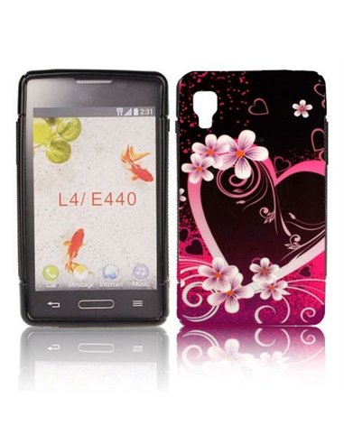 CUSTODIA GEL TPU SILICONE per LG OPTIMUS L4 II, E440 FANTASIA FIORI E CUORE VIOLA SU SFONDO NERO