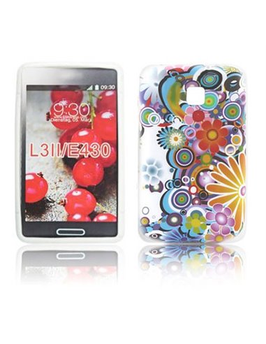 CUSTODIA GEL TPU SILICONE per LG OPTIMUS L3 II, E430 FANTASIA FIORI COLORATI SU SFONDO BIANCO