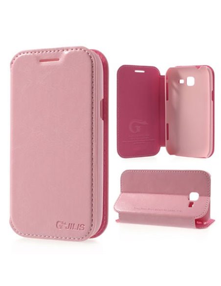 CUSTODIA FLIP ORIZZONTALE PELLE per SAMSUNG S7570 GALAXY TREND II, S7572 GALAXY TREND II DUOS CON STAND COLORE ROSA