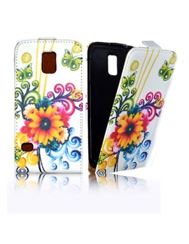 CUSTODIA FLIP VERTICALE SLIM SIMILPELLE per SAMSUNG G900F GALAXY S5, GALAXY S5 NEO G903F FANTASIA FIORI E FARFALLE COLORATI