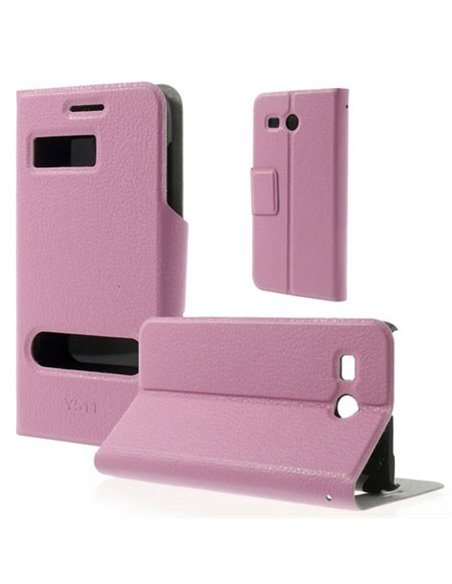 CUSTODIA FLIP ORIZZONTALE SLIM per HUAWEI ASCEND Y511 CON DOPPIA FINESTRA ID E STAND COLORE ROSA