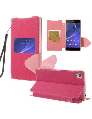 CUSTODIA FLIP ORIZZONTALE PELLE per SONY XPERIA Z2 CON FINESTRA ID, INTERNO IN TPU, LACCIO DA POLSO E STAND COLORE ROSA