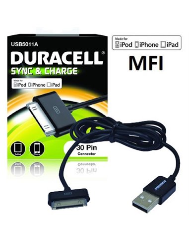 CAVO USB 30 PIN PER DISPOSITIVI APPLE con CERTIFICATO MFI - LUNGHEZZA 1 MT COLORE NERO DURACELL USB5011A BLISTER