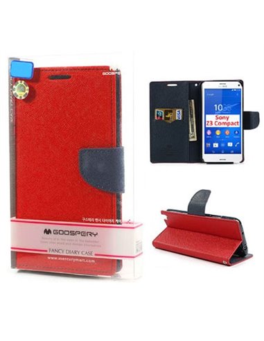 CUSTODIA FLIP ORIZZONTALE per SONY XPERIA Z3 COMPACT CON INTENO IN TPU, STAND E PORTA CARTE ROSSO FANCY DIARY BLISTER MERCURY