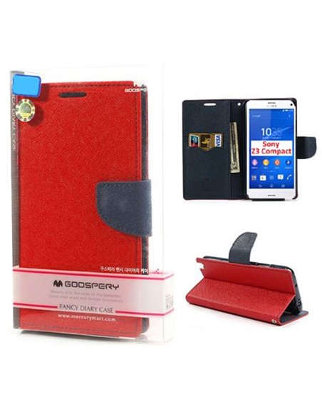 CUSTODIA FLIP ORIZZONTALE per SONY XPERIA Z3 COMPACT CON INTENO IN TPU, STAND E PORTA CARTE ROSSO FANCY DIARY BLISTER MERCURY